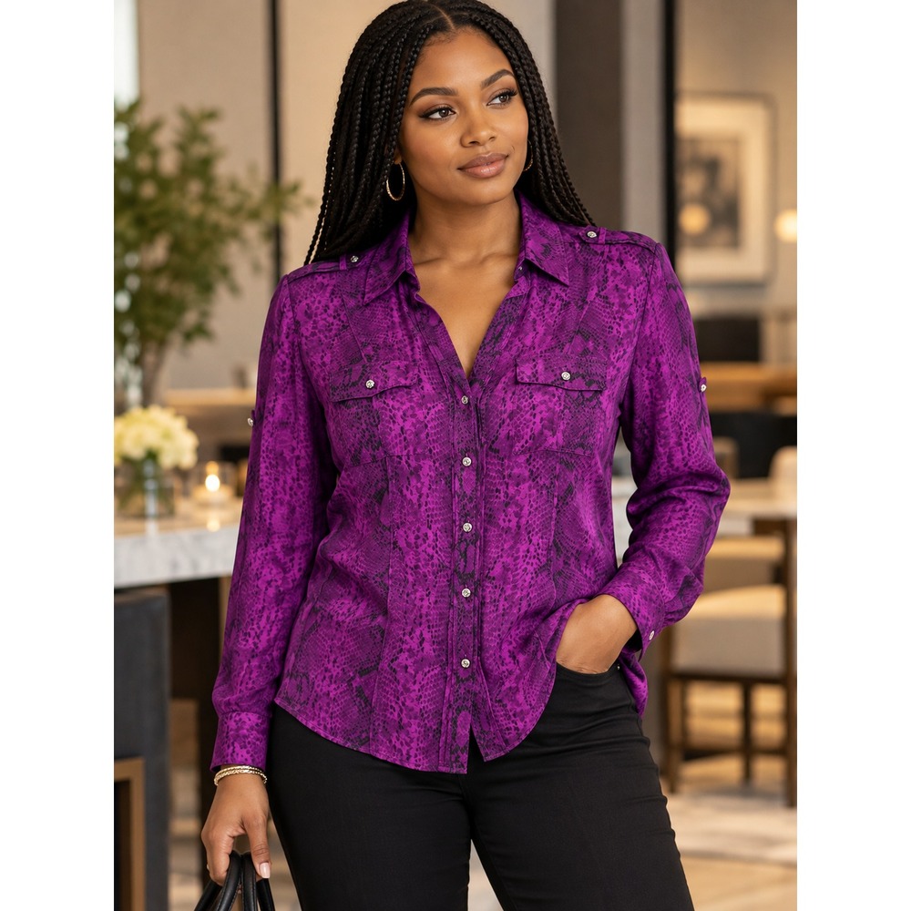 White House Black Market Silk Snakeskin Print Button Front Shirt Purple Size 4